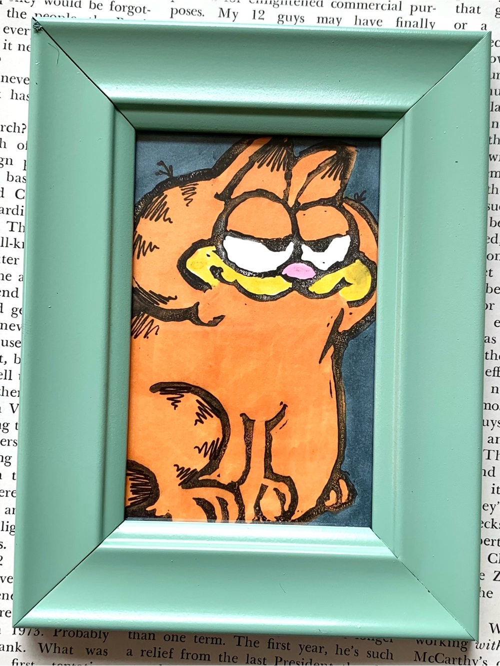 Garfield Comic Linocut Block Print Pop Art Card ATC ACEO | Vintage Green Frame